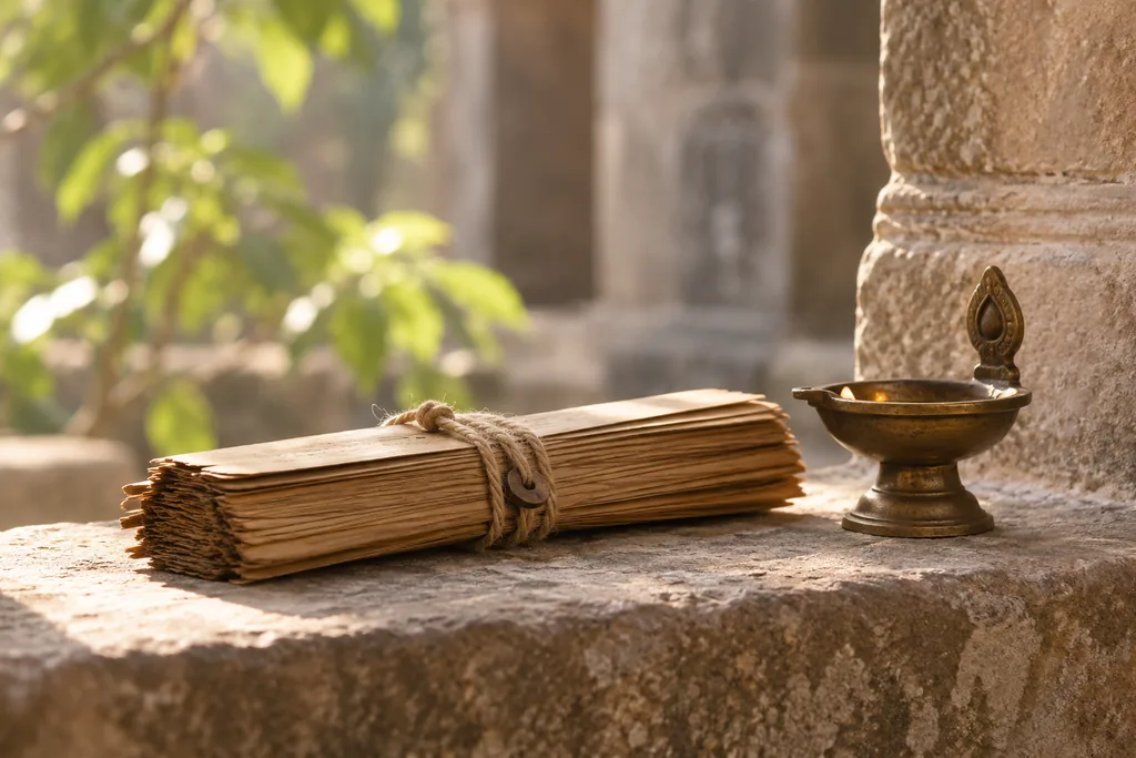 A bundle of palm-leaf manuscript pages tied with cord beside a brass oil lamp on a temple ledge