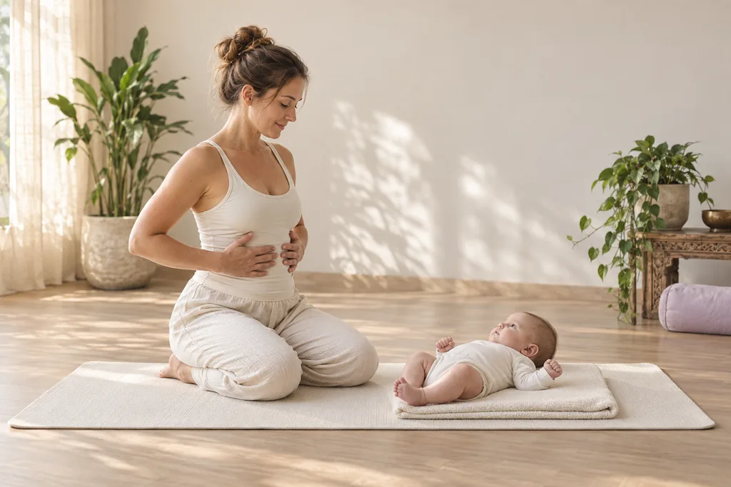 A mother kneeling on a yoga mat beside her baby, who lies on a folded blanket, in a bright room