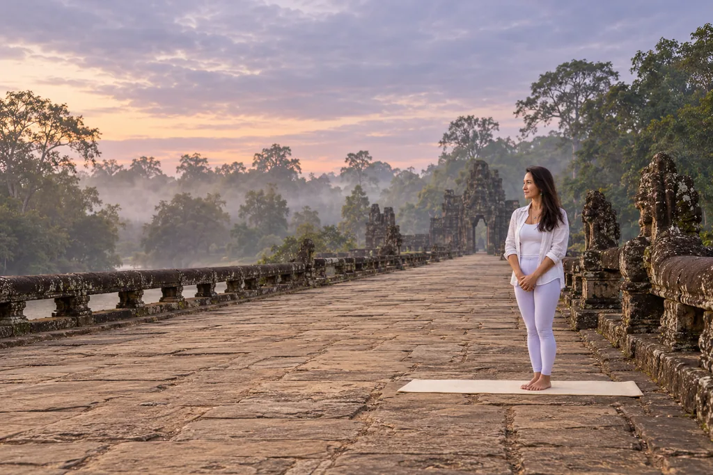 Marielisa Padilla standing on a mat on a temple causeway at dawn