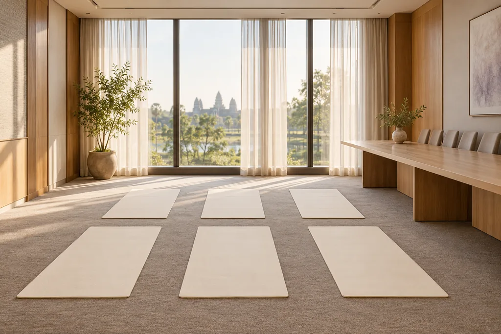 Yoga mats laid out in an empty boardroom, long table pushed to the side, trees beyond the window