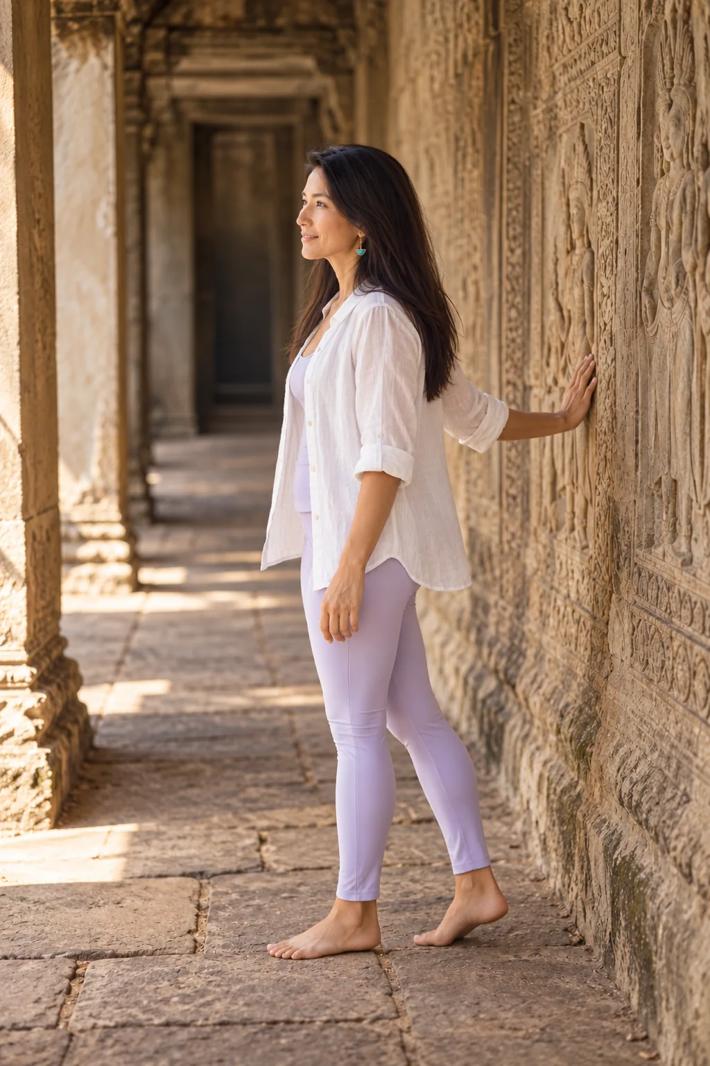 Marielisa Padilla walking along a carved temple corridor, one hand on the wall