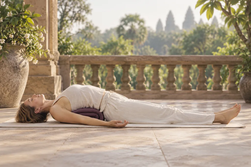 A student lying in final relaxation on a terrace, a bolster under her knees, temple towers beyond